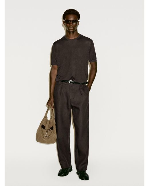 MASSIMO DUTTI Brown Silk Blend Knit T-Shirt for men