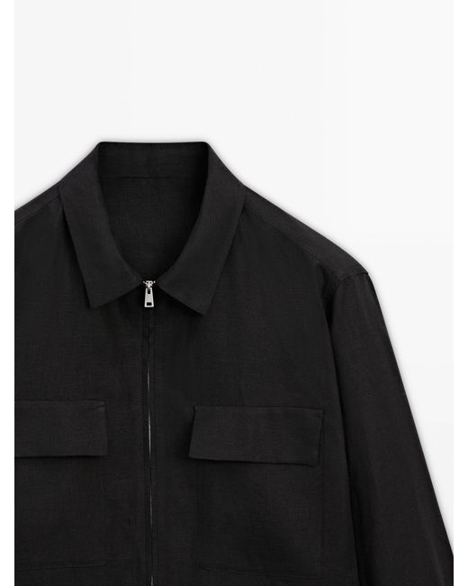 MASSIMO DUTTI Black Linen Zip-Up Overshirt With Pockets for men