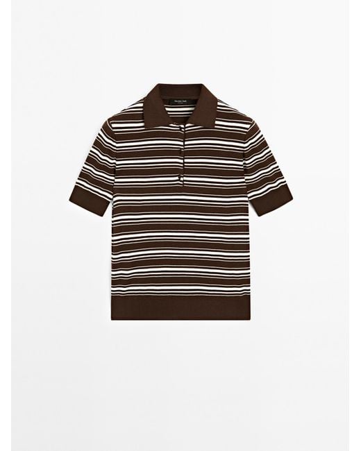 MASSIMO DUTTI Brown 100% Cotton Polo Shirt With Striped Details