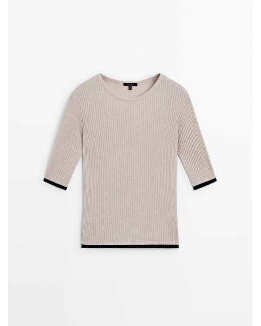 MASSIMO DUTTI Natural Ribbed Cotton T-Shirt With Contrast Detail