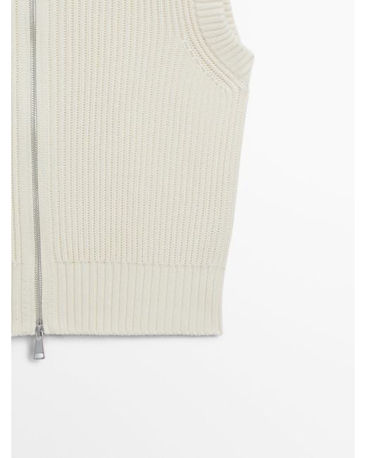 MASSIMO DUTTI White Cotton Knit Waistcoat With Zip
