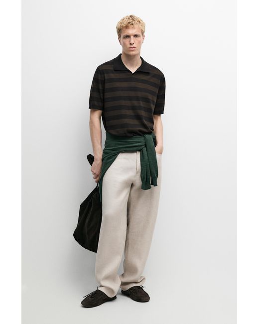 MASSIMO DUTTI Black 100% Cotton Striped Knit Polo Shirt for men