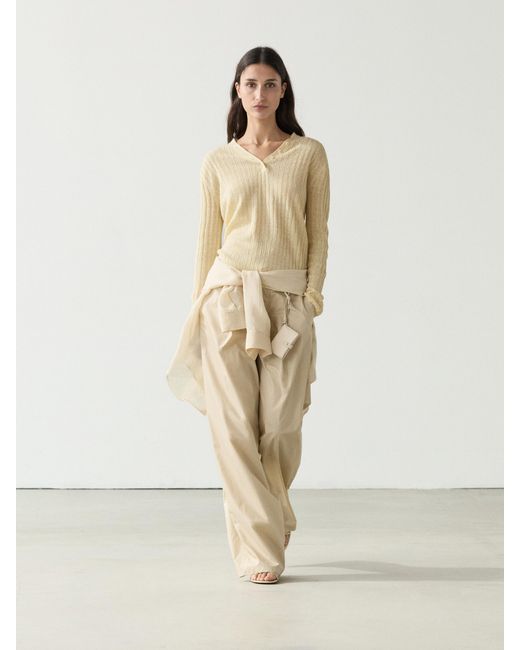 MASSIMO DUTTI Natural Linen Knit Sweater With Button Details