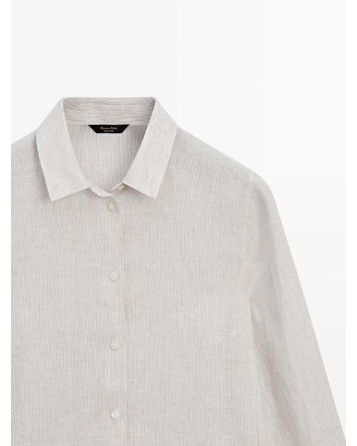 MASSIMO DUTTI White 100% Linen Striped Shirt
