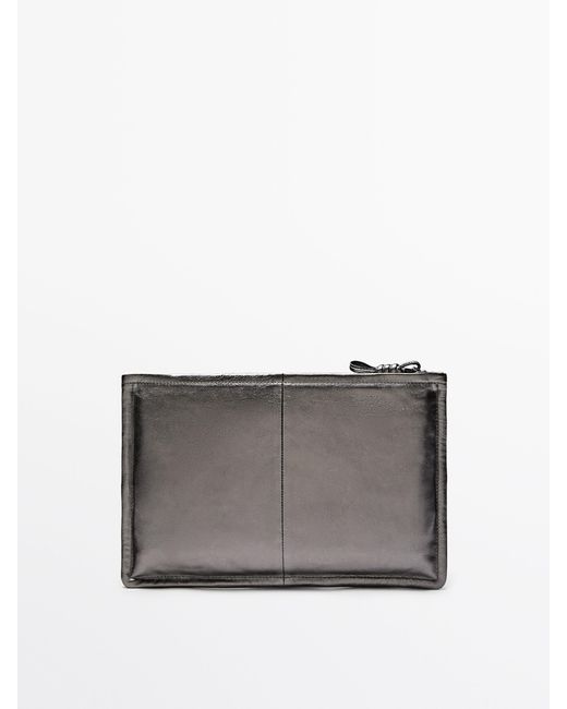 MASSIMO DUTTI Gray Nappa Leather Clutch With Knot Detail