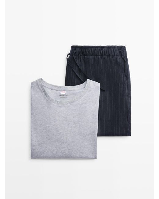 MASSIMO DUTTI Gray Striped Pyjamas, Long-Sleeved T-Shirt, 100% Cotton for men