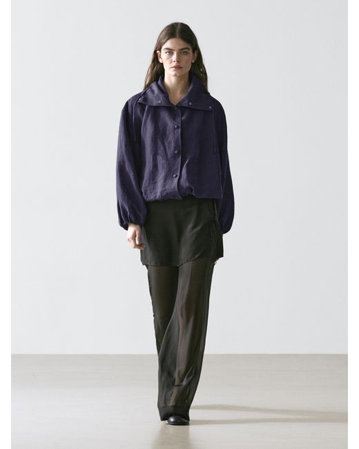 MASSIMO DUTTI Blue 100% Linen Bomber Jacket With Neck Detail