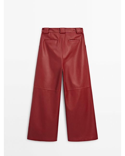 MASSIMO DUTTI Red Leather Trousers With Double Dart Detail