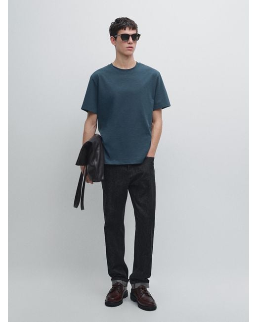 MASSIMO DUTTI Blue Short Sleeve Cotton Blend T-Shirt for men