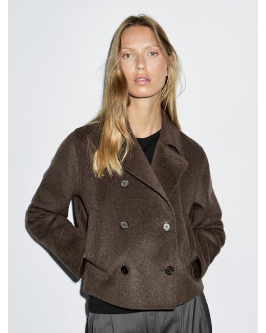 MASSIMO DUTTI White Short Double-Breasted Wool Blend Coat