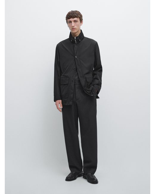 MASSIMO DUTTI Black Hooded Parka With Fabric Detail for men