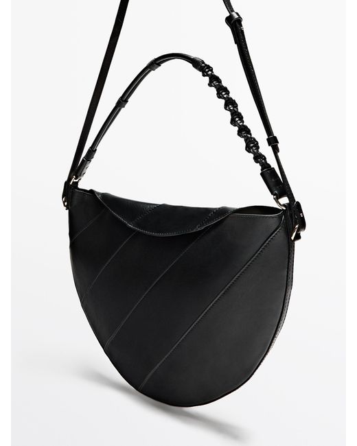 MASSIMO DUTTI Black Nappa Leather Half-Moon Bag With Woven Strap