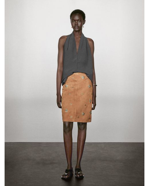 MASSIMO DUTTI Gray Suede Leather Skirt With Rhinestone Detail