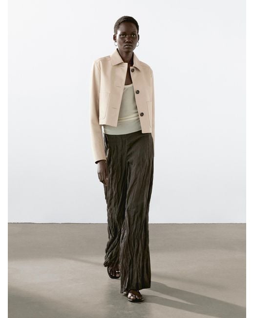 MASSIMO DUTTI White Cropped Nappa Leather Jacket