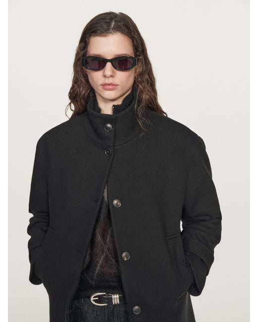 MASSIMO DUTTI Black Wool Blend High Neck Coat With Button Fastening