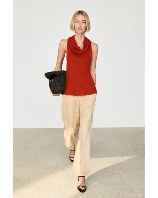 MASSIMO DUTTI Red Draped Neck Cotton Top