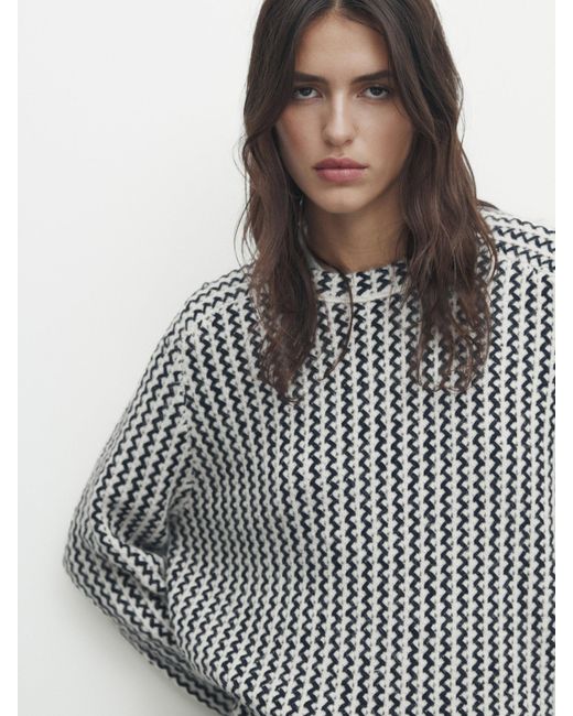 MASSIMO DUTTI Blue Knit Sweater With Zigzag Detail