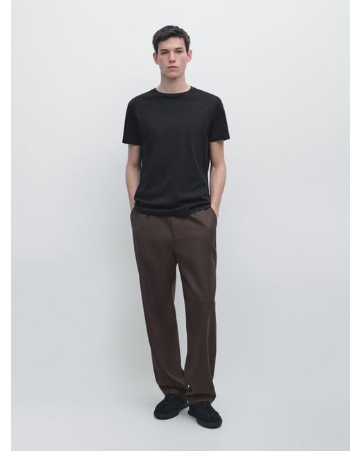 MASSIMO DUTTI Black Short Sleeve Knit Wool Blend T-Shirt for men