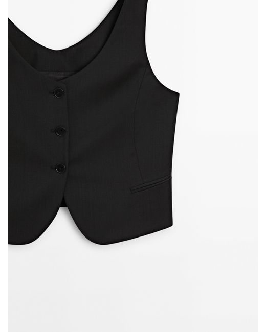MASSIMO DUTTI Black Cropped Waistcoat With Neckline Detail