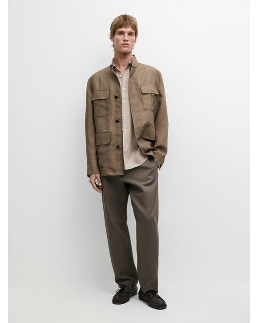 MASSIMO DUTTI Natural 100% Linen Safari Jacket for men