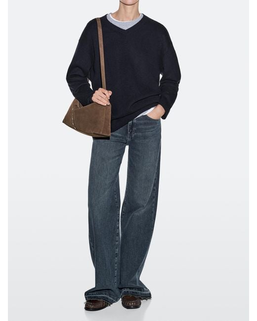 MASSIMO DUTTI Blue Split Suede Leather Bucket Bag