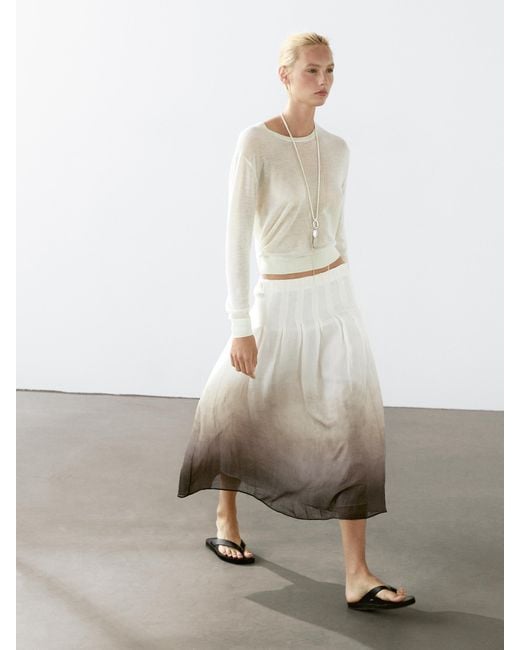 Gonna Midi A Pieghe Con Stampa Sfumata di MASSIMO DUTTI in White