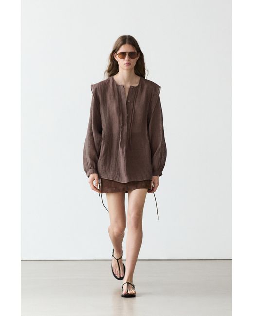 MASSIMO DUTTI Brown Flowing Oversize Linen Blouse With Ruffles