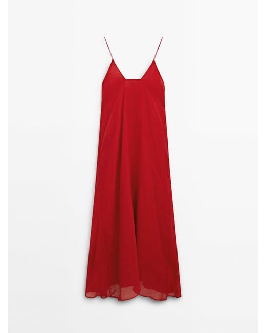 MASSIMO DUTTI Red Long Strappy Dress With Neckline Detail