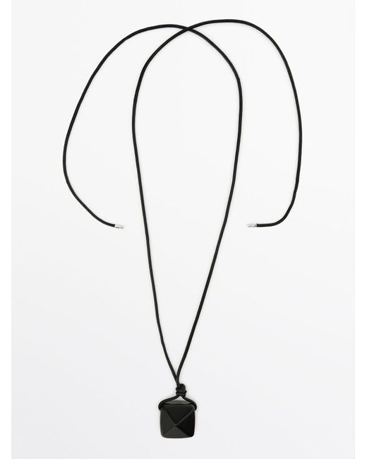 MASSIMO DUTTI Black Leather Cord Necklace With Natural Stone