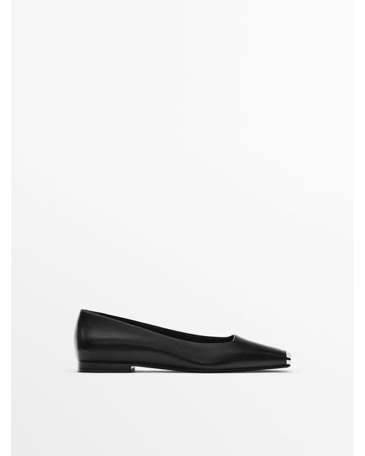 MASSIMO DUTTI Black Leather Ballet Flats With Metal Toe Cap