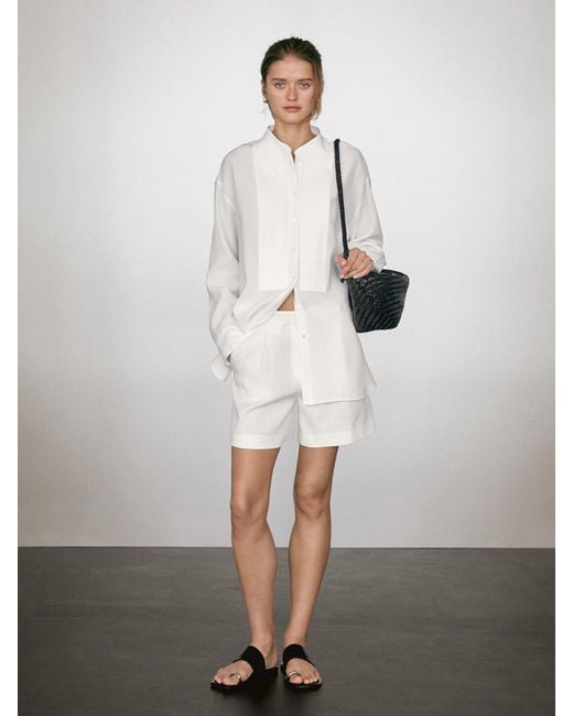 MASSIMO DUTTI White Linen Blend Shirt With Thin Pintucks