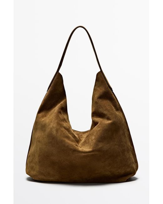 MASSIMO DUTTI Brown Oversized Split Suede Leather Shoulder Bag