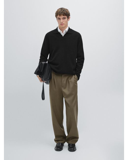 MASSIMO DUTTI Black Relaxed Fit Wool Blend Darted Trousers for men