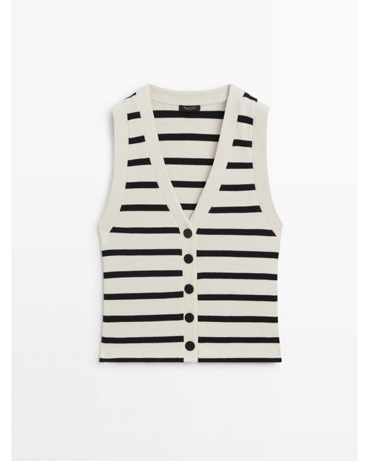 MASSIMO DUTTI White Striped Ribbed Cotton Waistcoat With Buttons