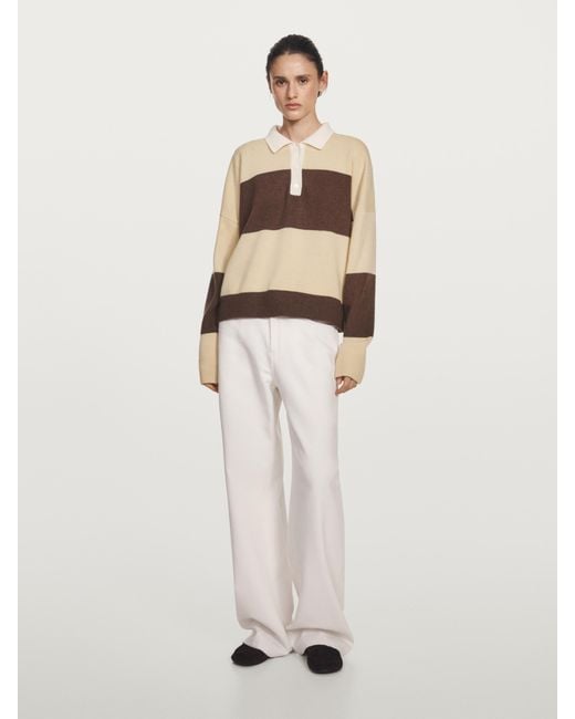 MASSIMO DUTTI White Striped Wool Blend Polo Sweater