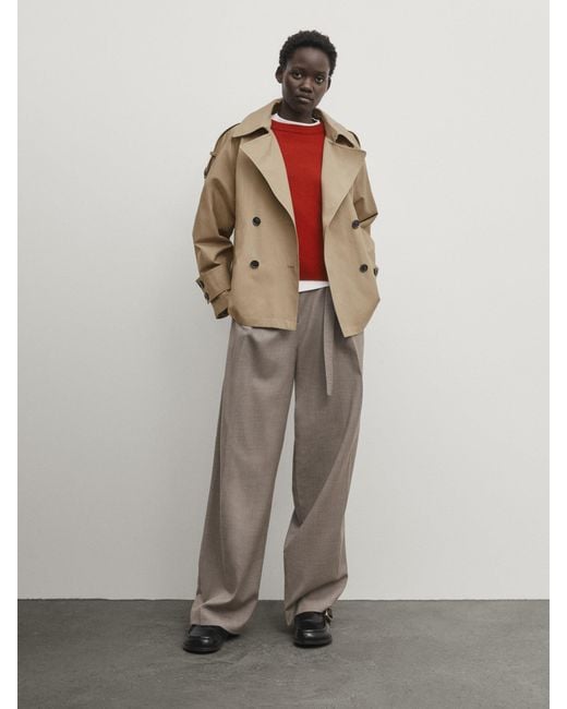 MASSIMO DUTTI Natural Cropped Trench Coat With Cuff Detail
