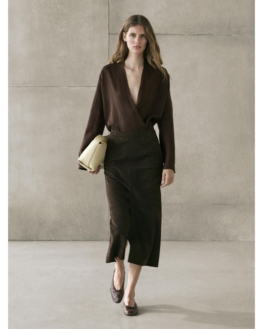 MASSIMO DUTTI Brown Flowing Linen Wrap Blouse