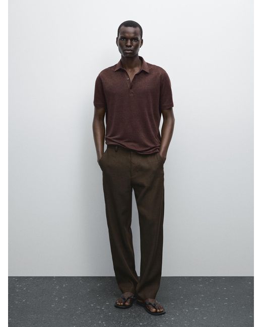 MASSIMO DUTTI Brown 100% Linen Short Sleeve Polo Shirt for men