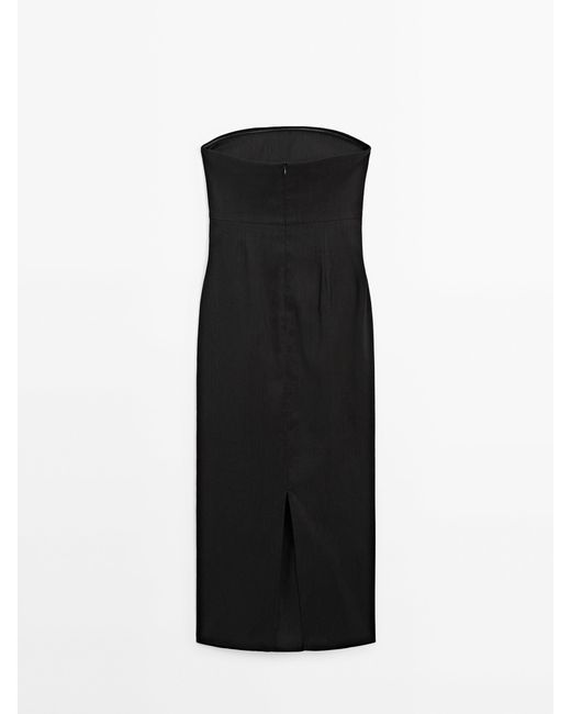 MASSIMO DUTTI Black Linen Blend Strapless Dress