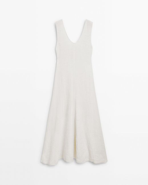MASSIMO DUTTI White Long Textured Dress With V-Neckline