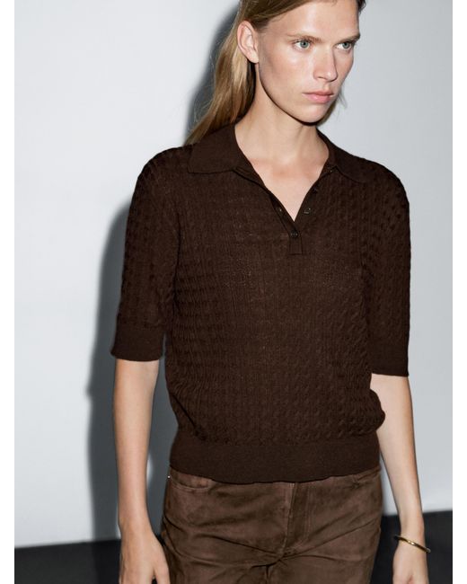 MASSIMO DUTTI Brown Wool Blend Cable-Knit Polo Shirt