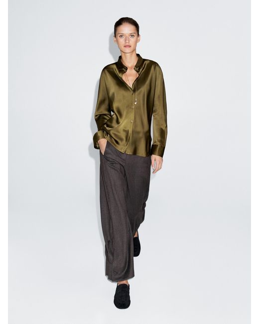 MASSIMO DUTTI Green Satin Shirt With Batwing Sleeves