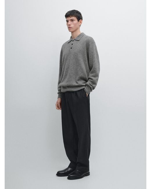MASSIMO DUTTI Gray Flecked Knit Wool Blend Polo Sweater for men