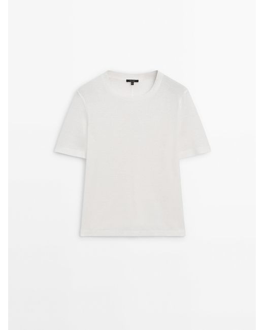 MASSIMO DUTTI White 100% Linen Short Sleeve T-Shirt