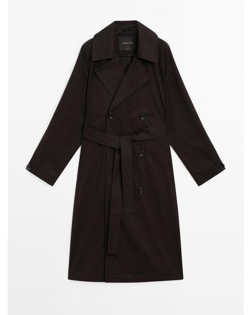 MASSIMO DUTTI Black Long Trench Coat With Belt And Yoke Detail