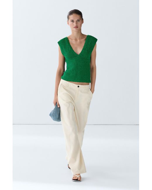 MASSIMO DUTTI Green Cotton Blend V-Neck Knit Top