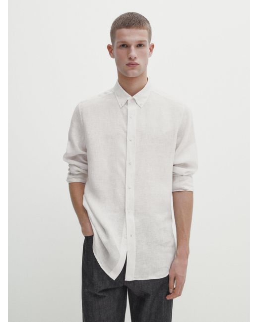 MASSIMO DUTTI White Regular-Fit Striped 100% Linen Shirt for men