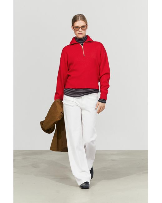MASSIMO DUTTI Red Cotton Blend Quarter-Zip Knit Polo Sweater