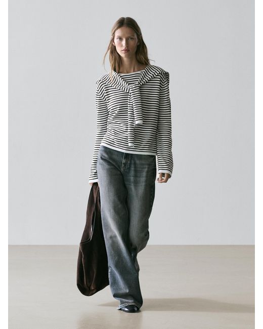 MASSIMO DUTTI Gray 100% Cotton Striped Knit Sweater