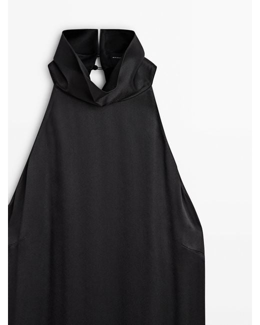 MASSIMO DUTTI Black Satin Halter Dress With Fringing